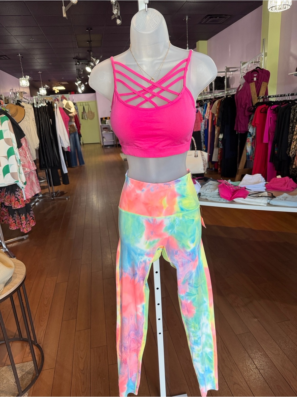 Tie-Dye High-Waist Leggings with Pink Strappy Crop Top